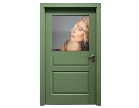 A green wooden door with a glass panel, featuring a woman looking through