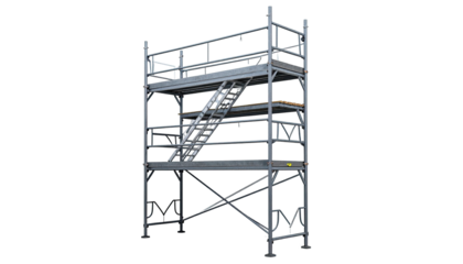 A multi-tiered, metallic structure featuring stairs and platforms, isolated on black