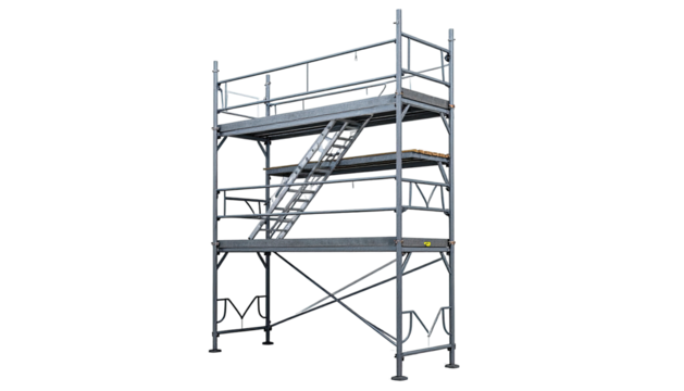 A multi-tiered, metallic structure featuring stairs and platforms, isolated on black