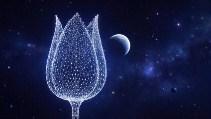 Glowing digital flower overlaid onto a cosmic backdrop, featuring planets and a starry expanse