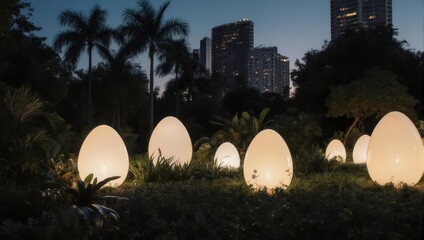 Glowing egg-shaped lights illuminate a green landscape at dusk, with urban buildings in the background