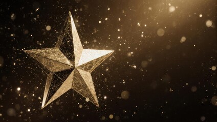Gold-toned, 3D-rendered geometric star with textured surface, glowing particles in a dark, blurred background