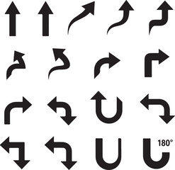 Collection of black directional arrows in various styles on transparent background silhouette