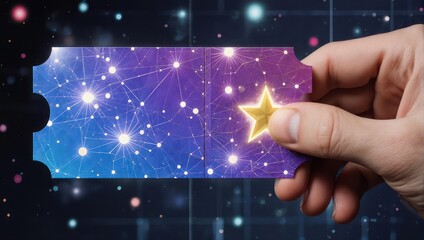 Human hand holding a stylized ticket adorned with a starry night design and a glowing star
