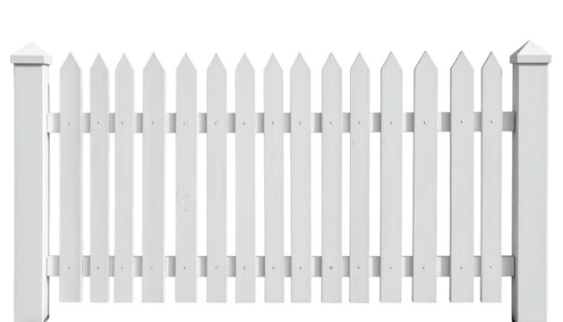A crisp white picket fence stretches across the frame, with tall square endposts