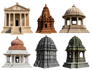 Six ancient buildings of various architectural styles with ornate structures