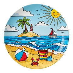 Whimsical Beach Scene Plate - A Colorful Summer Illustration.