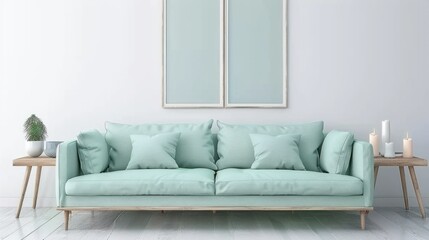 Mint Green Sofa with Cushions in Minimalist Living Room with Wall Art and Candles