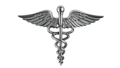 Shiny, metallic symbol of medicine features staff, snakes, and wings against a black backdrop