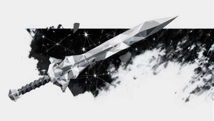 Geometric representation of a crystal-like sword emerging from a fragmented cosmic backdrop