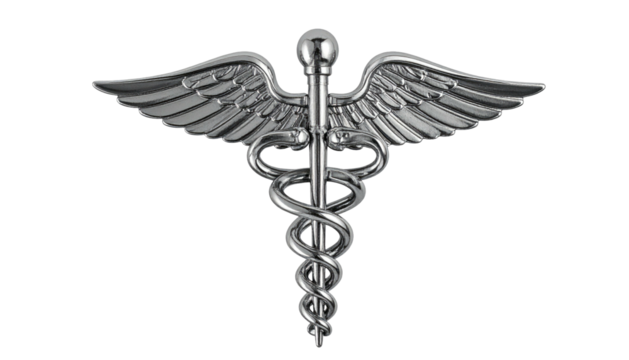Shiny, metallic symbol of medicine features staff, snakes, and wings against a black backdrop