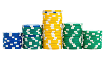 Five stacks of colored gaming chips in a row on black background