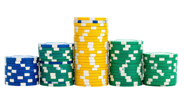 Five stacks of colored gaming chips in a row on black background