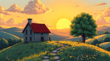 A quaint stone cottage sits beside a large, leafy tree on a grassy knoll. The scene is bathed in the warm light of a beautiful sunset over rolling hills. A perfect depiction of rural tranquility.