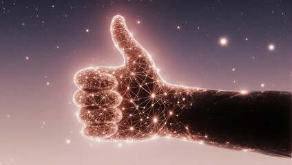 Glowing thumbs-up gesture crafted from interconnected glowing dots, set against a starry, gradient background