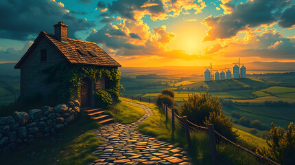 A beautiful landscape featuring a stone cottage nestled on a hillside, with a winding stone path leading towards a breathtaking sunset over rolling green hills and distant silos.