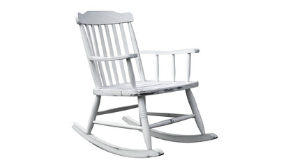 Weathered white wooden rocking chair on a black background, solitary and nostalgic