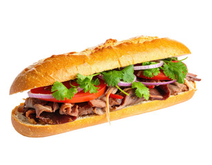 Freshly made sandwich with roast beef, vegetables, and herbs in a baguette