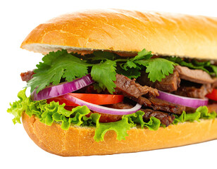 A close-up of a delicious sandwich featuring meat, veggies, and bread