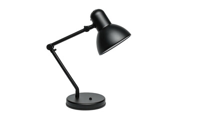 A minimalist black desk lamp with a rounded shade, set against a pure black backdrop