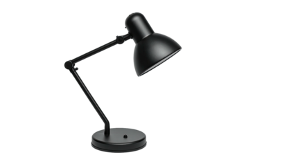 A minimalist black desk lamp with a rounded shade, set against a pure black backdrop