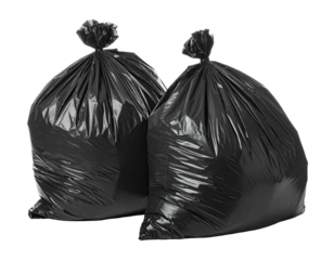 Two tied-up black trash bags, slightly angled, against a clean white background