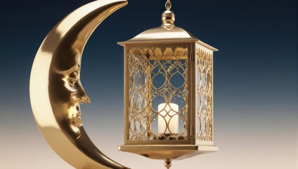 Golden crescent moon with a sculpted face and a matching gold lantern suspended near it