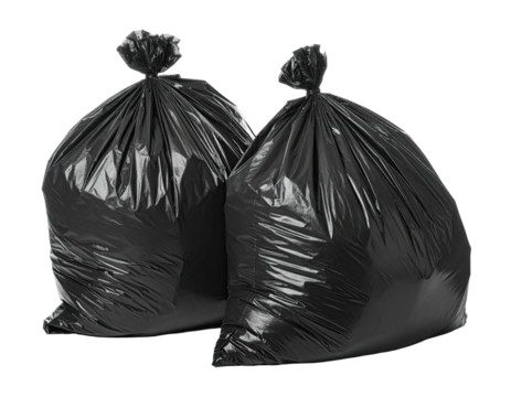 Two tied-up black trash bags, slightly angled, against a clean white background