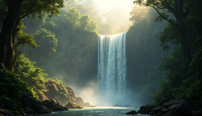 Waterfall Hidden in Jungle Mist