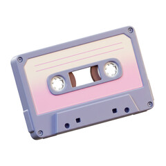 A pastel-colored cassette tape, rendered in a 3D style, featuring pink and lavender hues with a white label area. Isolated on a Transparent Background, PNG, Cutout