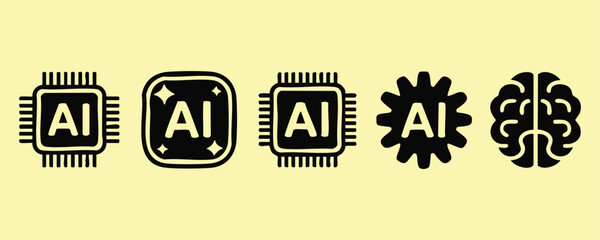 Obraz premium Artificial Intelligence (AI) Icon Set: Chips, Gear, and Brain, illustration, vector