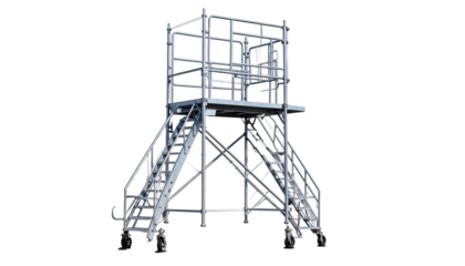 Elevated mobile metal platform with stairs and safety railings against a black background
