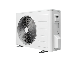 A close-up, angled shot of a white, rectangular HVAC outdoor unit