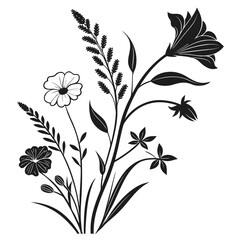 Black silhouette of a bouquet of wildflowers and grasses Keywords: silhouette, bouquet, wildflowers, grasses, flowers, botanical, nature, plant, garden, meadow, spring, summer, delicate, elegant