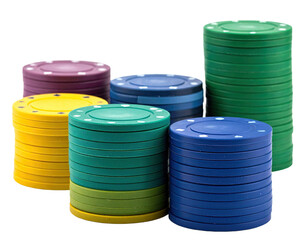 Various colorful, stacked, round objects resembling small coins, black backdrop
