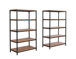 Two black metal framed shelves with wood shelving, side by side, against a black background