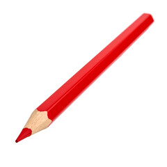 A red, sharpened, colored pencil on a black background, viewed at an angle