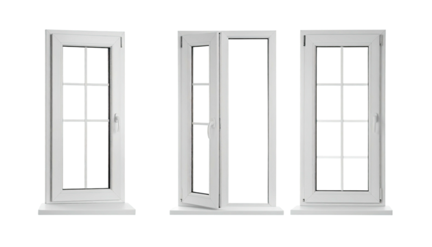 Three white framed windows, one open, showcasing interior design