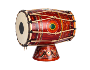 A detailed, ornate Indian hand drum, with painted patterns, and rope tensioning