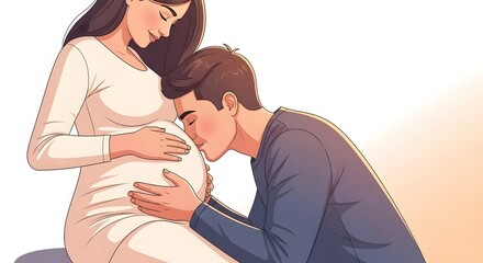 Illustration of a pregnant woman and a man listening to her belly.
