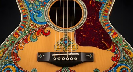 Close-up of an acoustic guitar body adorned with vibrant, intricate, psychedelic-style patterns and colorful designs.