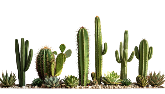 Assorted cacti and succulents in various shapes and sizes, set on a bed of pebbles