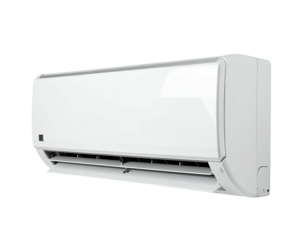 White, wall-mounted cooling unit, sleek design, vents at the bottom, angled view, black background