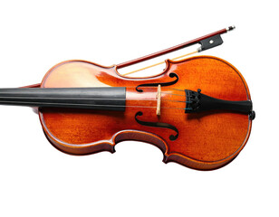 A polished, wooden stringed instrument with bow atop a dark background