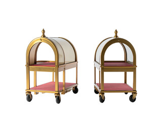 Two ornate luggage carts with gold frames, glass tops, red interiors, and black wheels