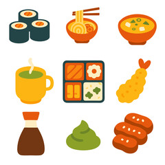 Set of flatstyle illustrations showcasing traditional japanese dishes. Perfect for food blogs, menus, travel guides, and cultural websites.