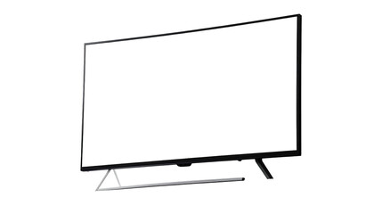 Black screen on a large TV with a minimalist, triangular stand against darkness