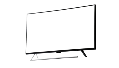 Black screen on a large TV with a minimalist, triangular stand against darkness