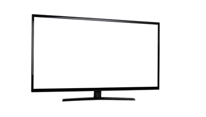 A large black flat screen television, turned off, against a solid black background