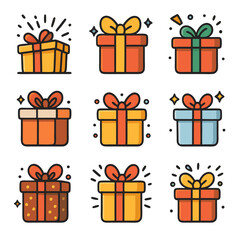 Nine colorful cartoon presents for birthday, christmas, or celebration designs. Suitable for greeting cards, invitations, gift shop promotions, and holiday graphics.
